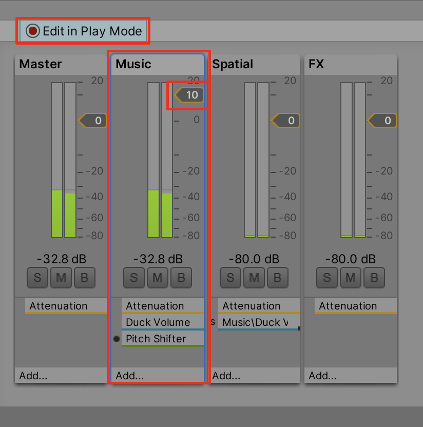Editing the audio levels during Play mode