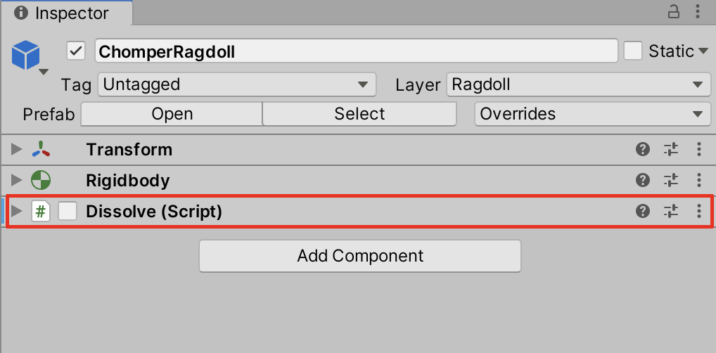 Deselecting the Dissolve (Script) component