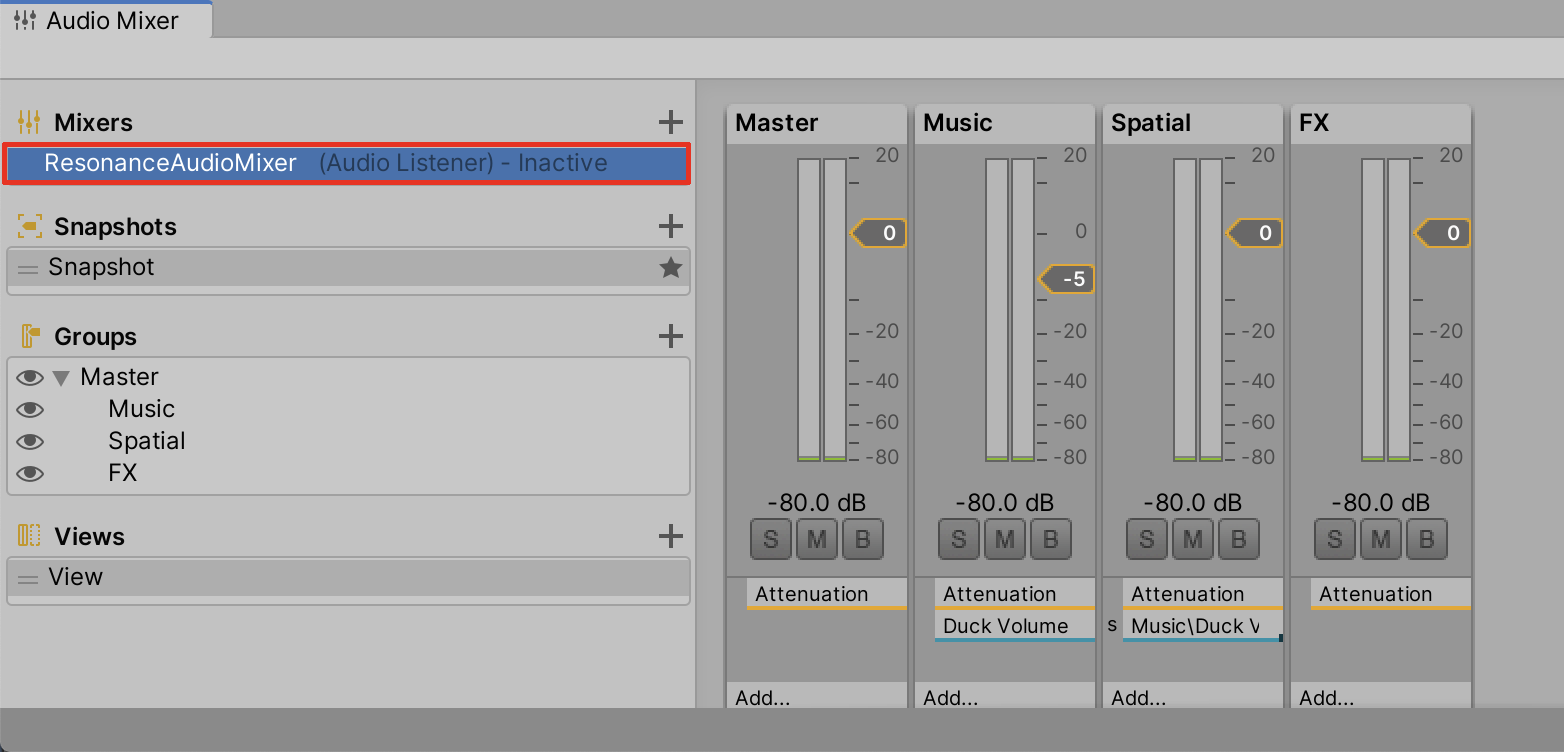 The ResonanceAudioMixer’s side panel, displaying the Master Audio Mixer Group controller