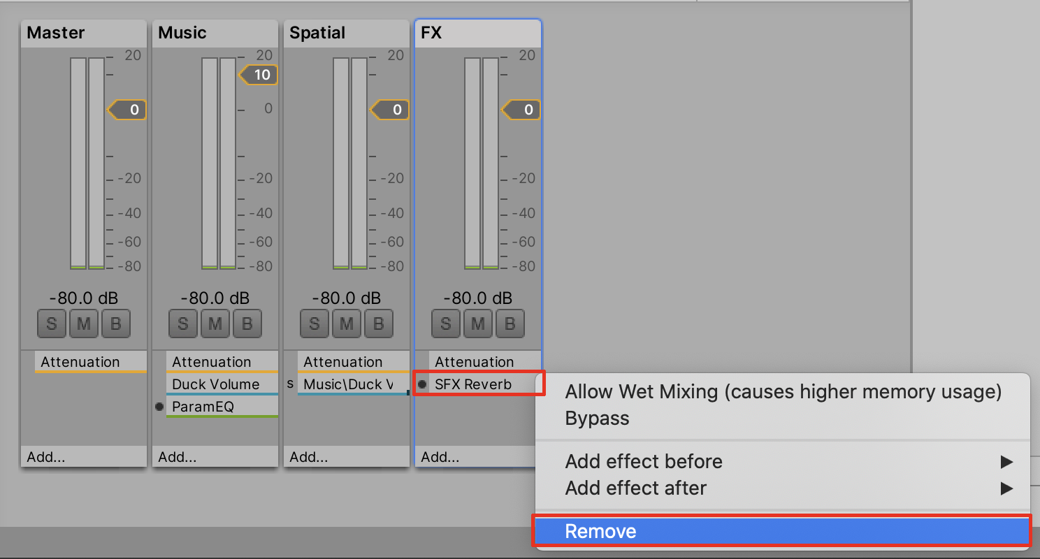Removing the SFX Reverb effect in the Audio Mixer window.