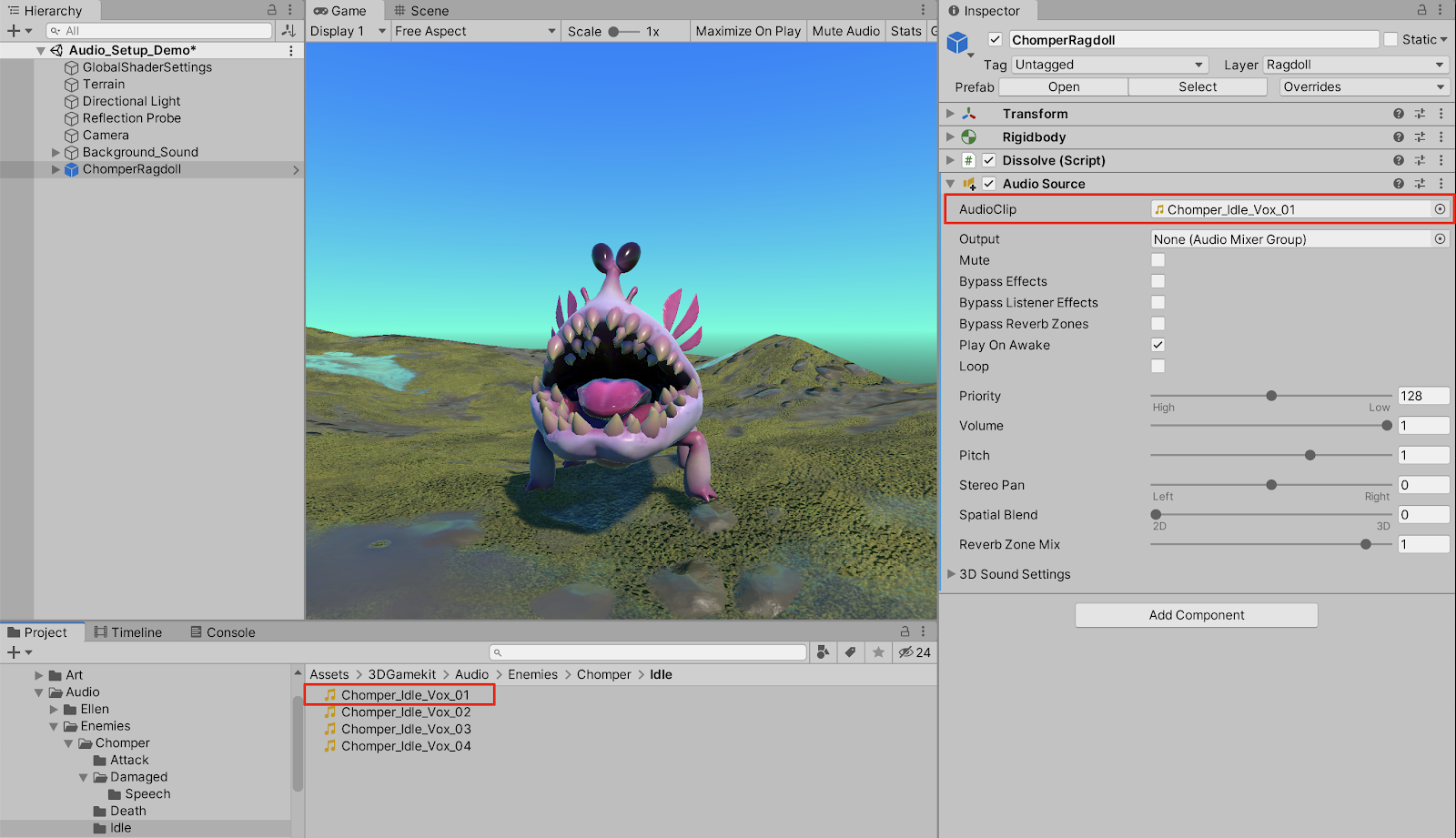 Linking a sound file into the AudioClip field of the monster character’s Audio Source component