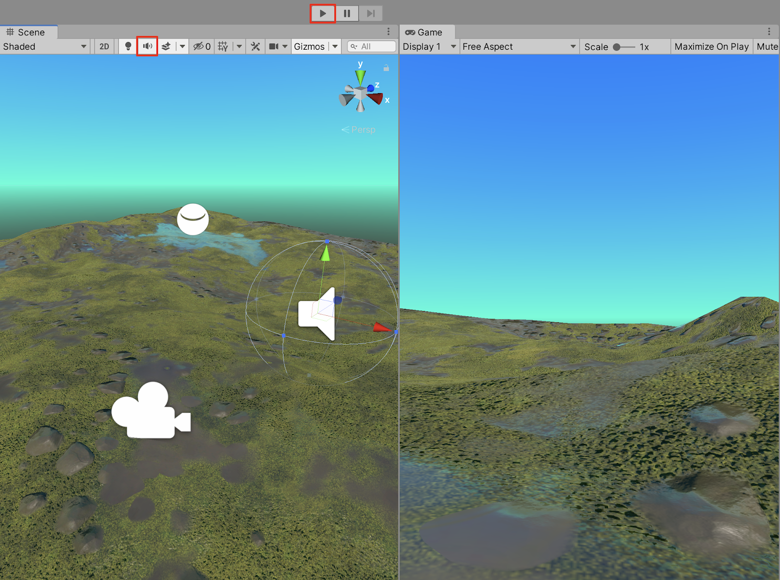 Playing back the audio in either the Scene view or in Game view.