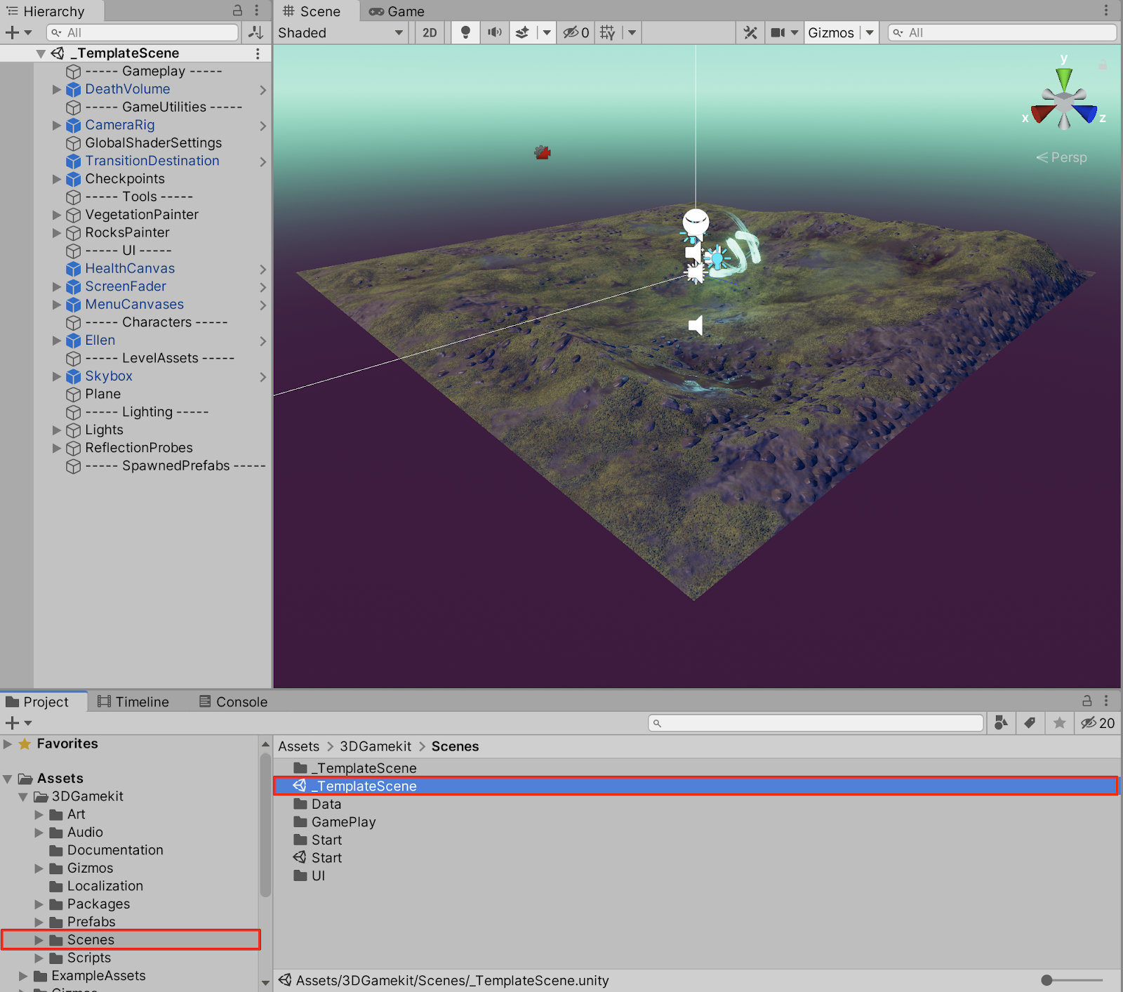 Opening the 3D Game Kit’s Template Scene.