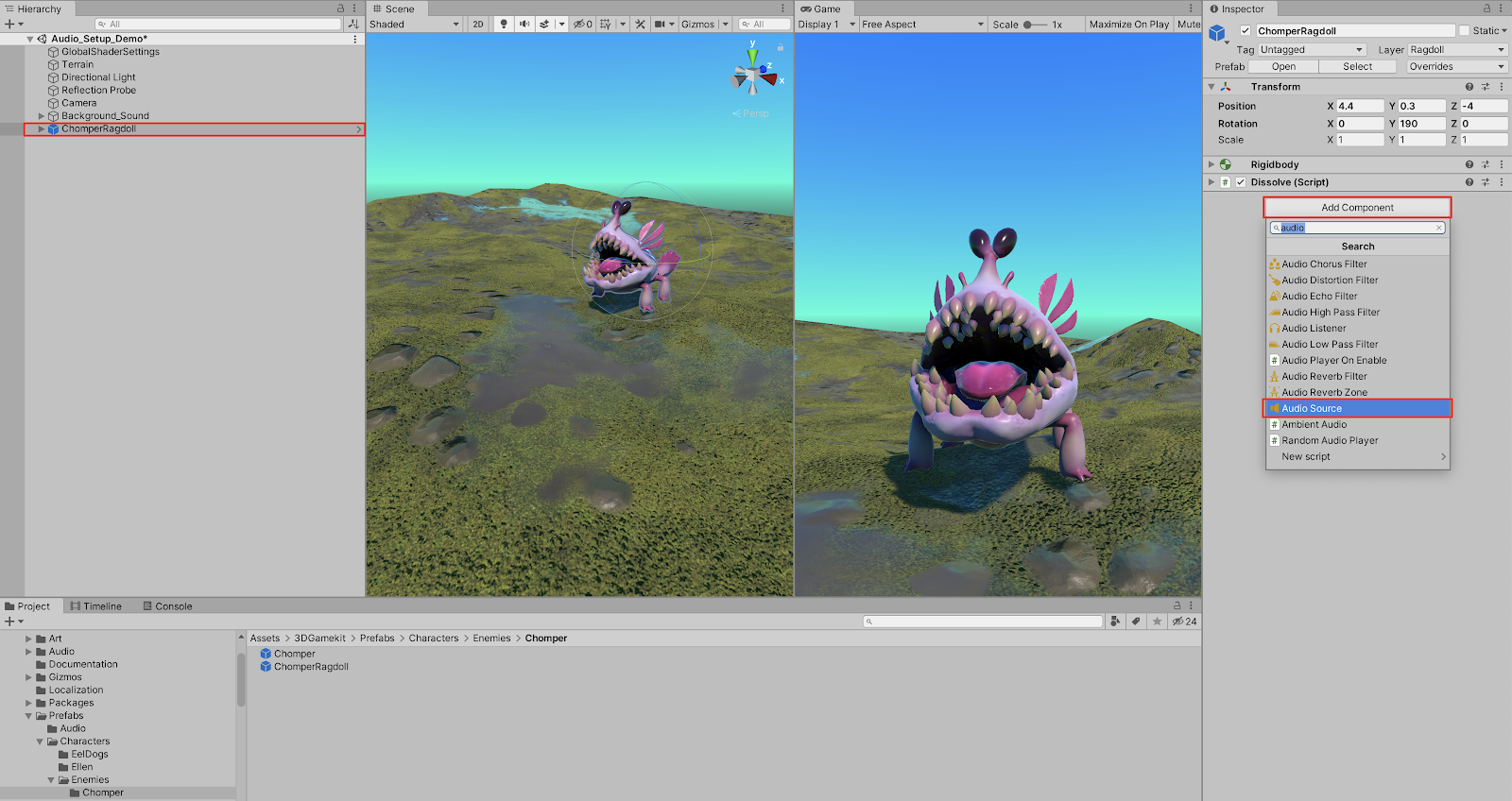 Adding an Audio Source component to the monster character GameObject