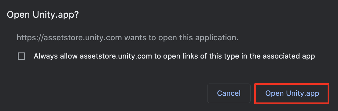 Selecting the Open Unity.app button.