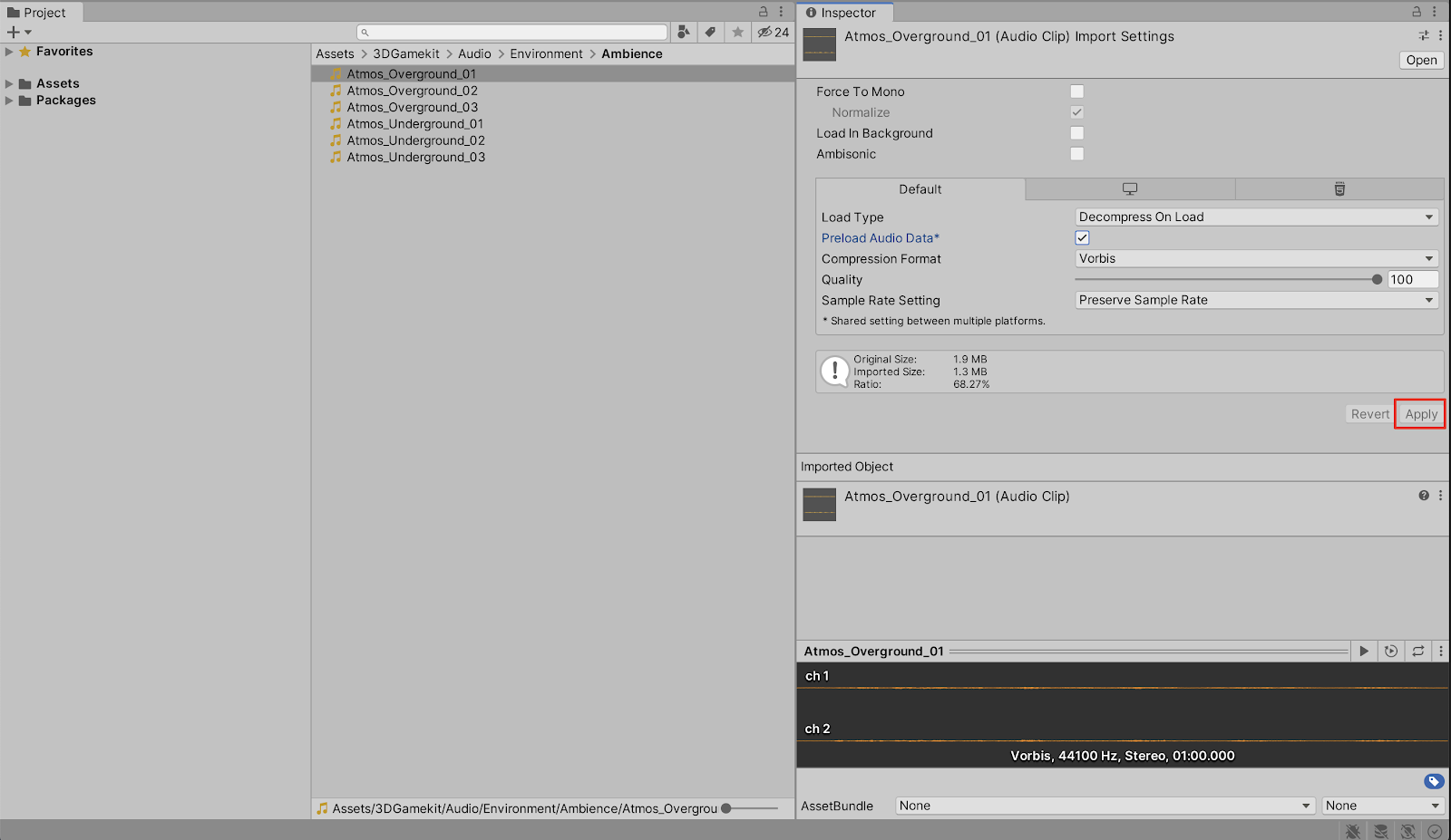 Applying changed or modified settings in the Inspector