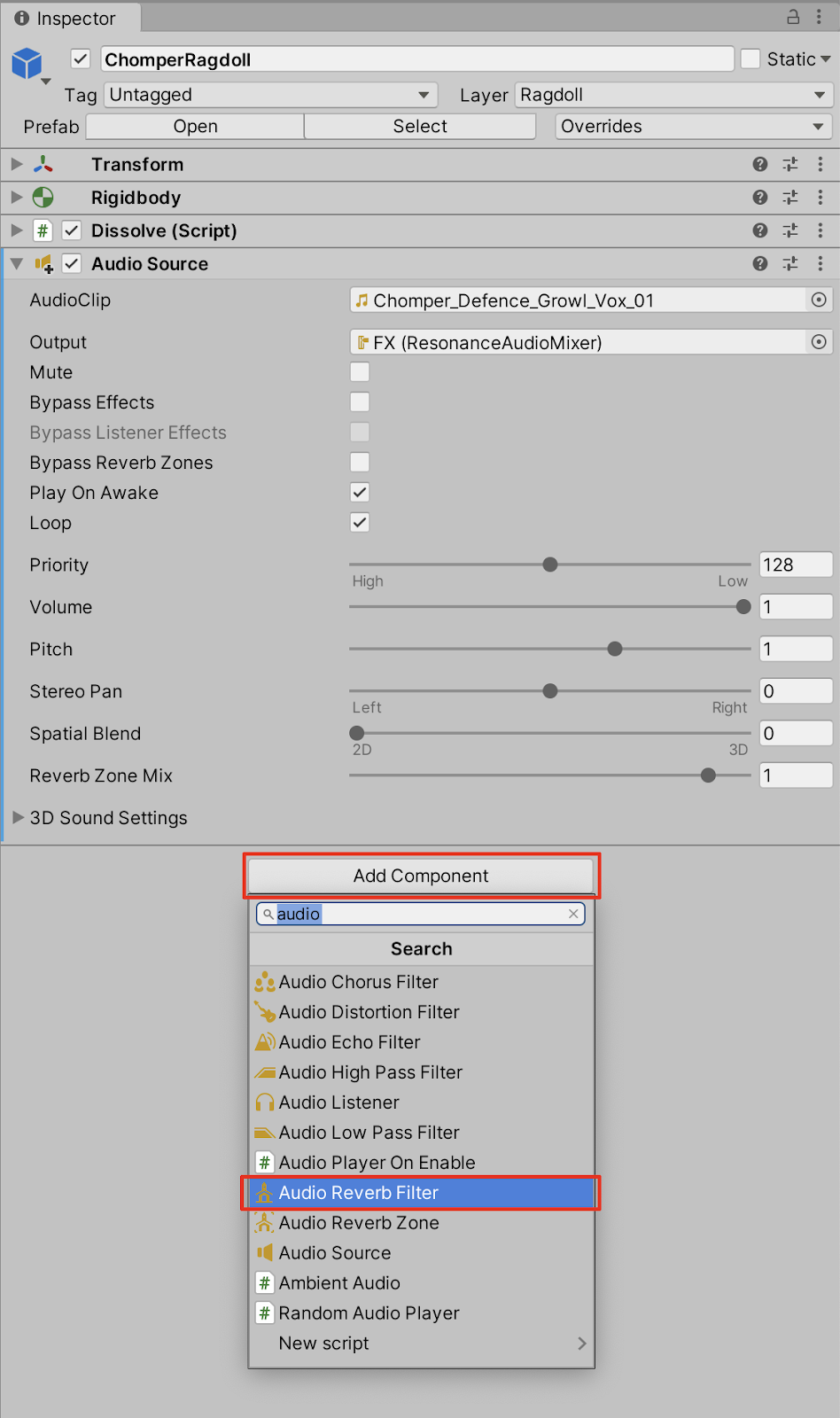Adding an Audio Reverb Filter Component