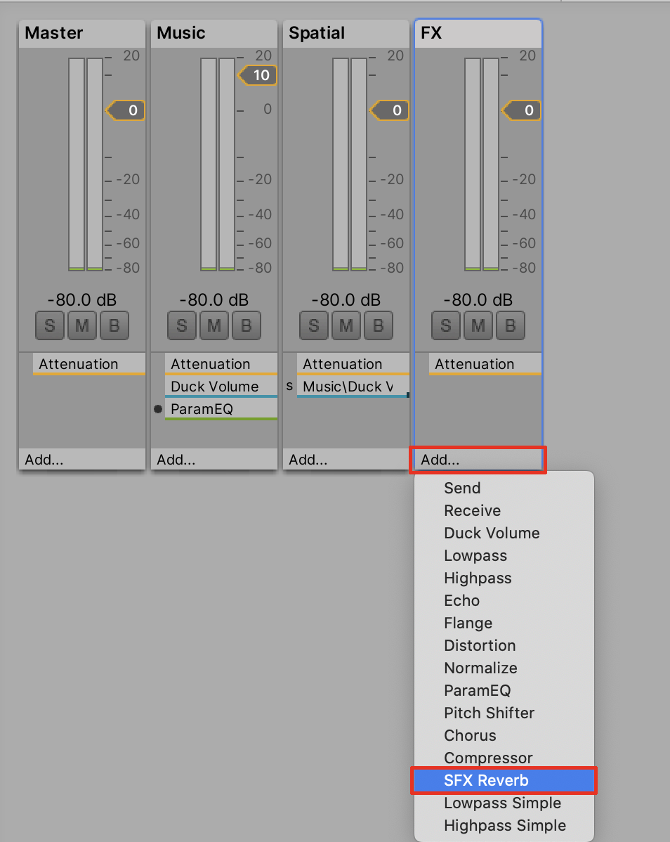 Adding a SFX Reverb effect to the FX Group in the Audio Mixer