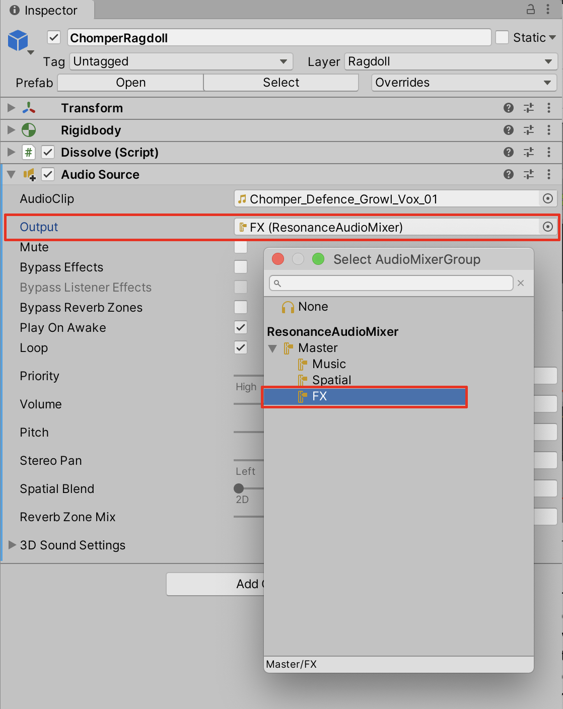 The monster character’s Audio Source Output field set to the ResonanceAudioMixer’s FX Group