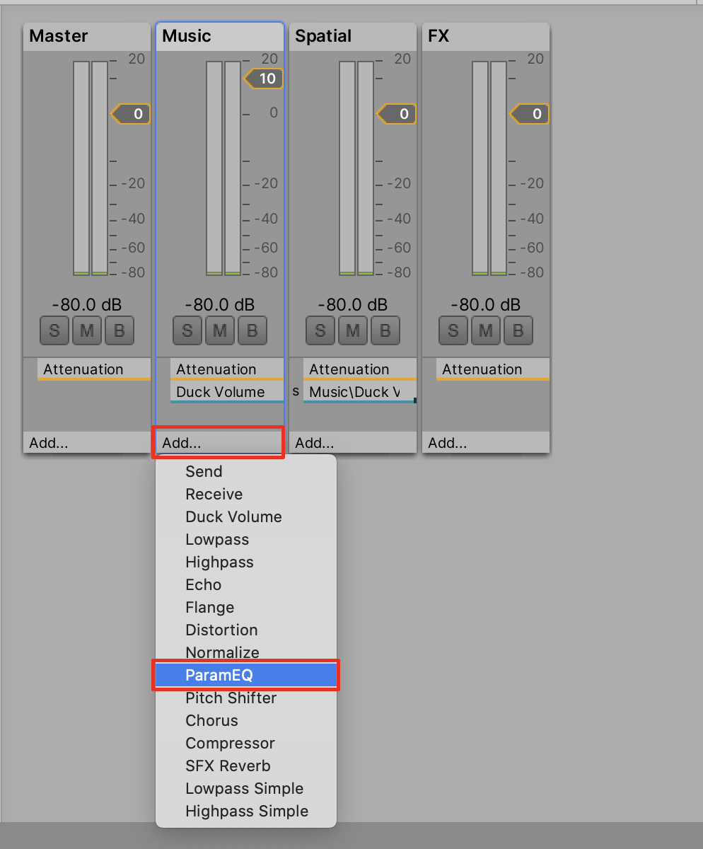 Adding a ParamEQ effect to the Music Group in the Audio Mixer
