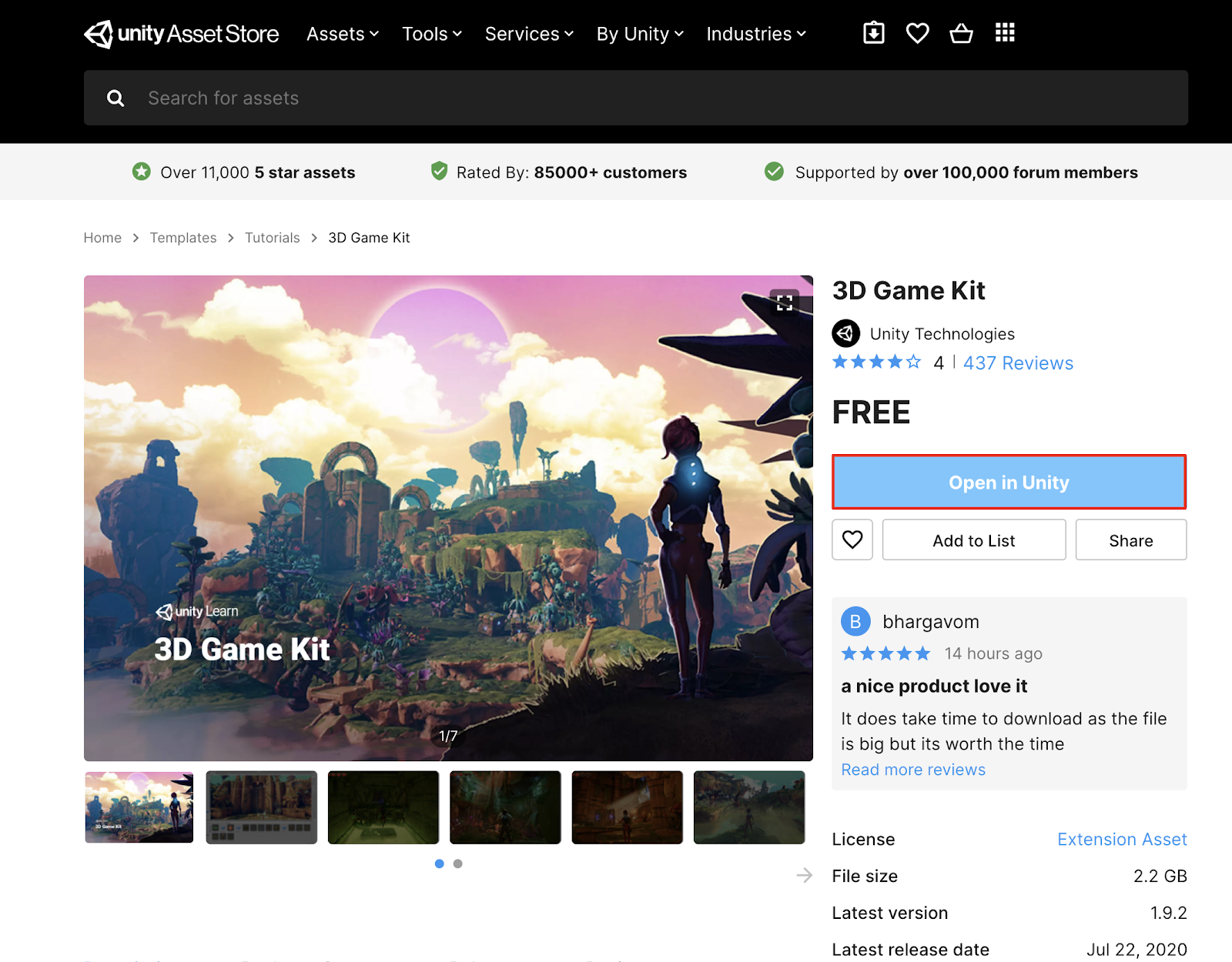 Opening the 3D Game Kit in the Unity Asset Store.