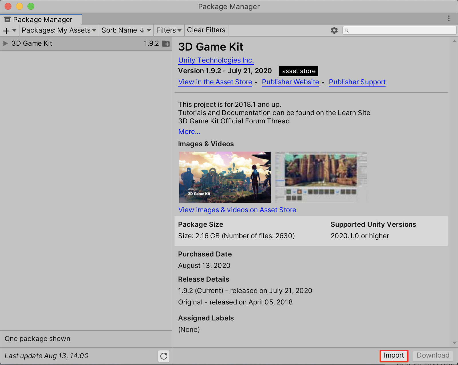 Importing the 3D Game Kit from the Package Manager window