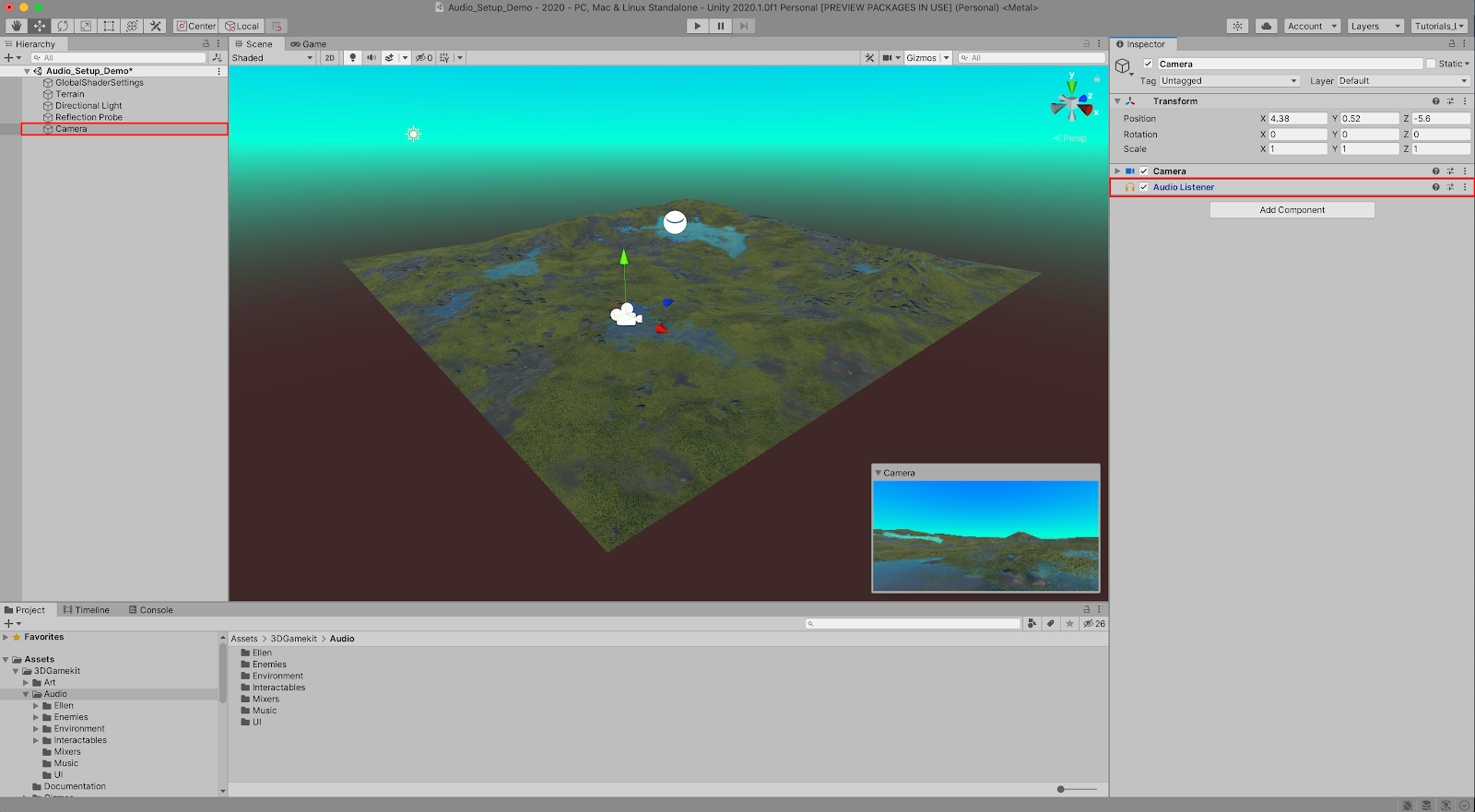 The newly added Camera GameObject will also include the Audio Listener component.