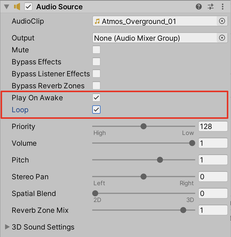 The Audio Source will Play upon entering Play mode, as well as repeat in a Loop.