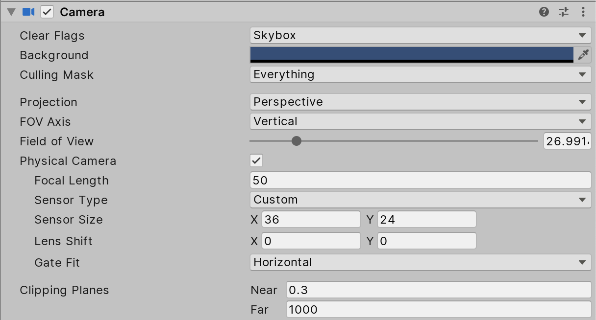 Figure 05: Physical Camera settings