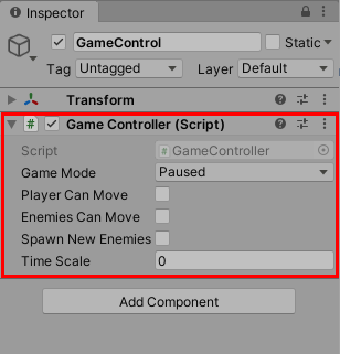 Figure 06: Game Controller (Script) is selected and set to Paused
