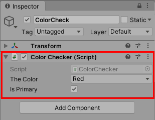 Figure 03: By default, the first option in an enumeration is selected. In this case, the default is Red, a primary color, so the checkbox labeled Is A Primary Color is checked.
