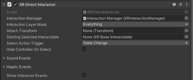 Figure 02: XR Direct Interactor default properties