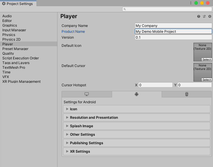 Figure 04: Assigning Company, Product name, Default Icon, Default Cursor, and Cursor Hotspots in the Project Settings window.