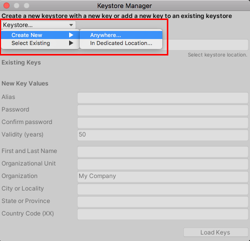 Figure 10: The Keystore Manager window, from within the Publishing Settings of the Project Settings window.