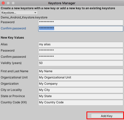 Figure 11: Adding a new key in the Keystore Manager