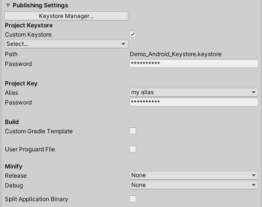 Figure 13: The Publishing Settings show the newly created Keystore, with the Custom Keystore checkbox marked.