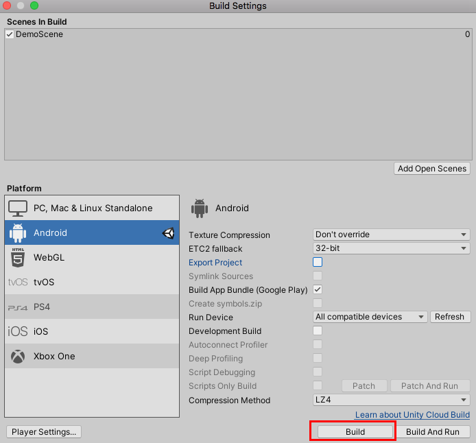 Figure 14: Publishing for Android in the Build Settings window.