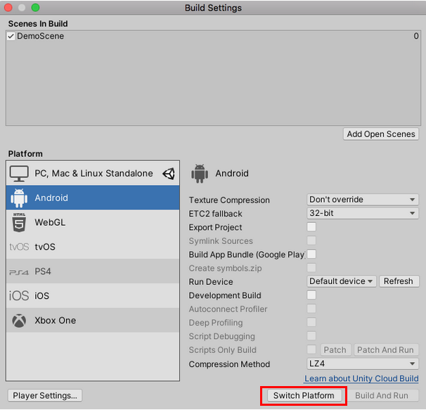 Figure 03: Android Build settings in the Unity Build Settings window, with the Switch Platform button highlighted.