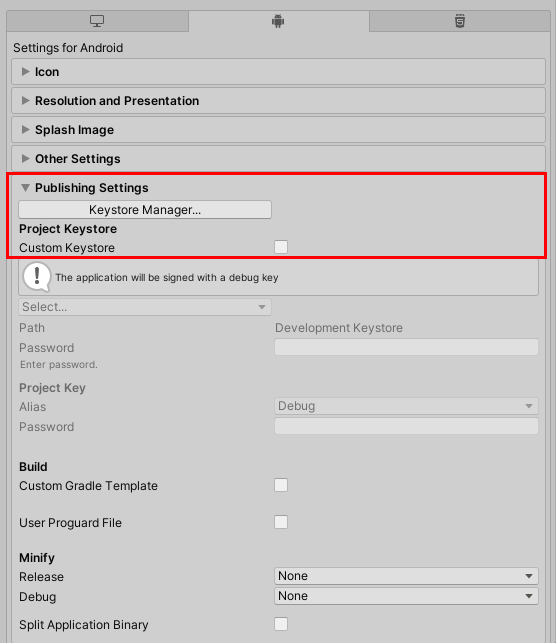 Figure 09: The Publishing Settings section of the Project Settings window.