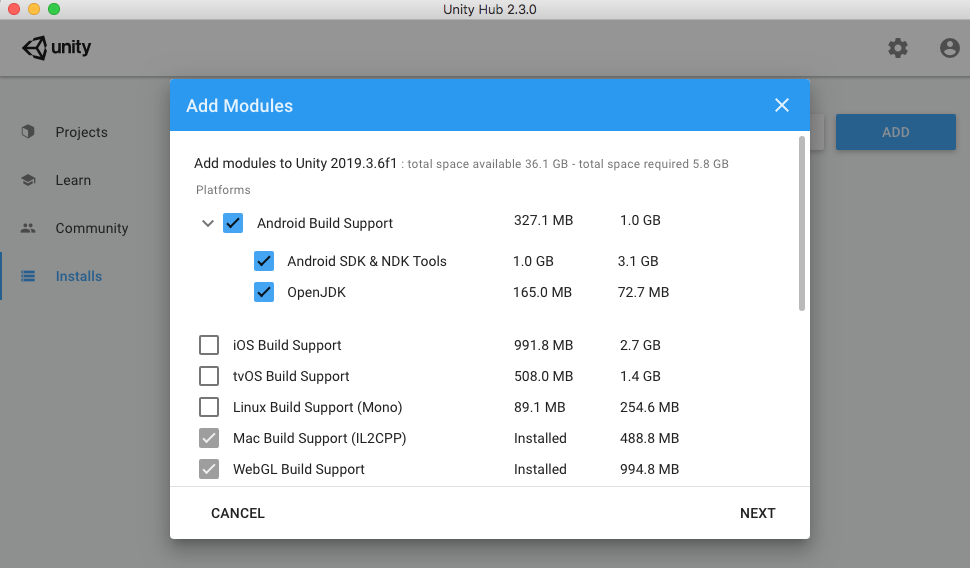 Figure 02: Installing Android Build Support through the Unity Hub.