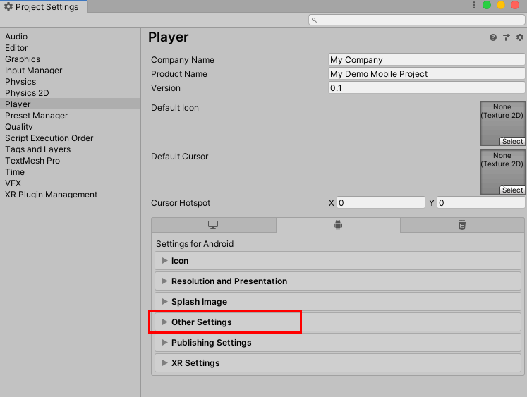Figure 07: Selecting Other Settings in the Project Settings window.