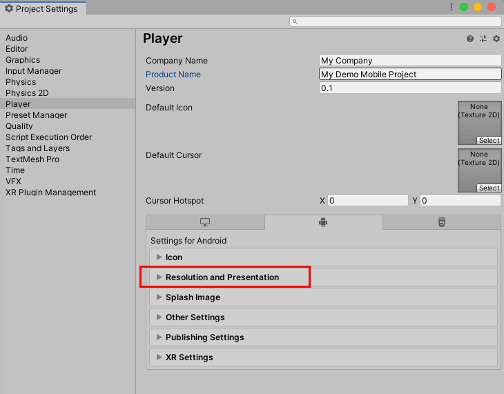 Figure 05: Assigning Resolution and Presentation settings in the Project Settings window.