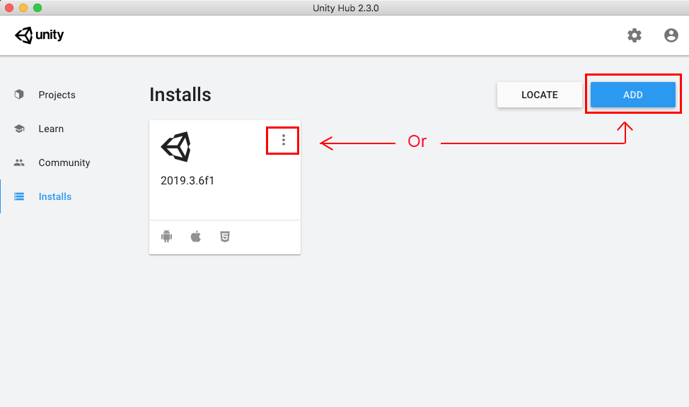 Figure 01: The Unity Hub, Install additional modules to existing, or Add a new install button.