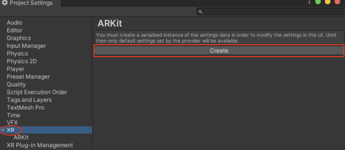 Figure 14: Create button under the XR Project Settings