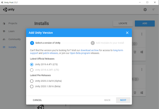 Figure 1: Download 2019.4.4f1(LTS) on the Unity Hub