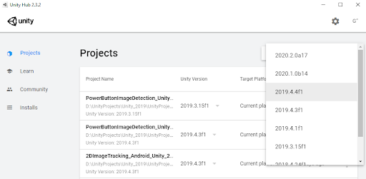 Figure 3: Select the correct 2019.4.4f1 version for your new project