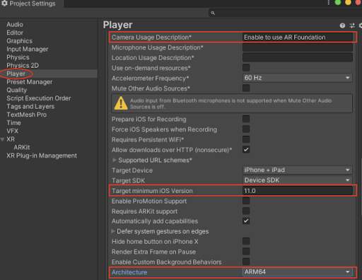 Figure 13: Change the Camera Usage Description/Minimum iOS ver/Architecture