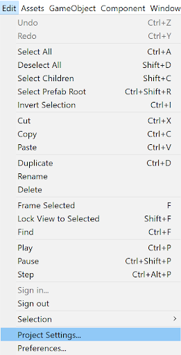 Figure 6: Drop down menu to access the Project Settings