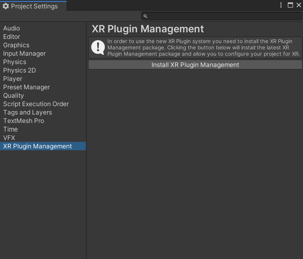 Figure 7: XR Plugin Management in the Project Settings