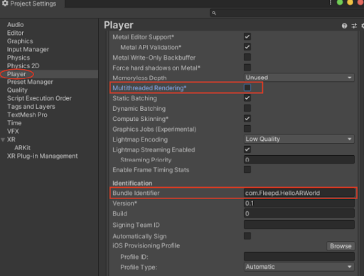 Figure 12: Change these player settings (multithreaded rendering, bundle identifier)