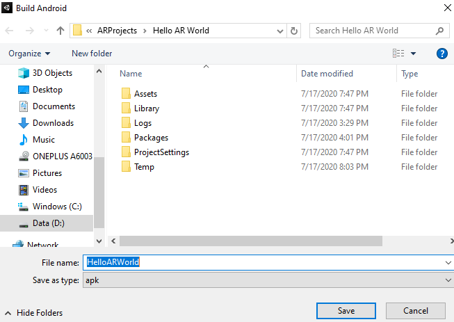 Figure 5: Save your Unity Project