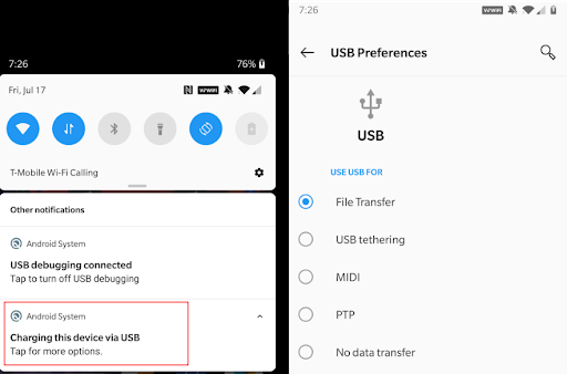 Figure 1: Left Image - Click more settings in drop-down menu | Right Image - Configure USB Preferences to File Transfer