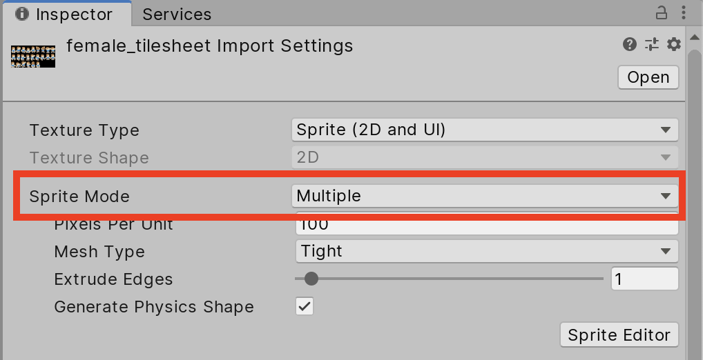 Figure 01: Sprite Sheet import settings