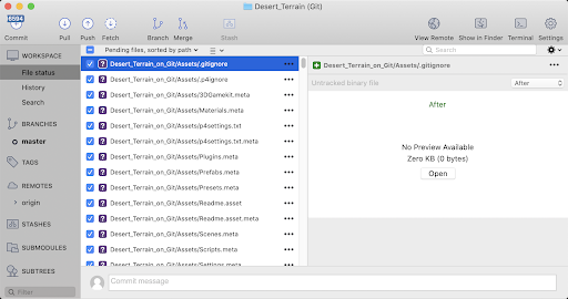 The Sourcetree application’s workspace populated with Unity project files