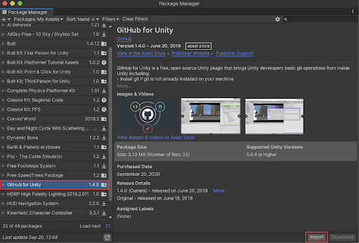 The GitHub for Unity asset in the Package Manager
