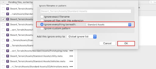 Excluding an entire folder by selecting Ignore everything beneath