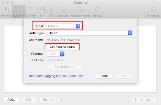 Connecting to a GitHub account