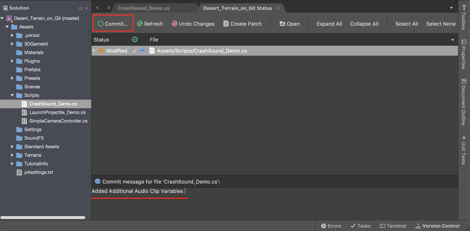 The Visual Studio Git Status tab