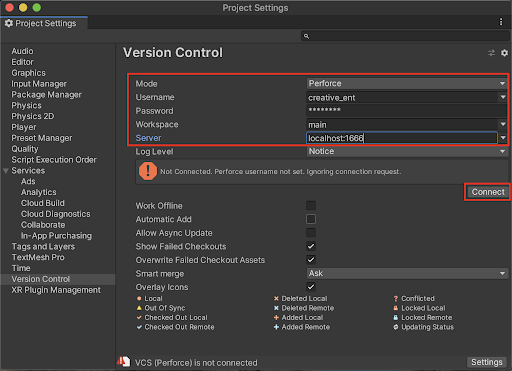Entering the Perforce credentials