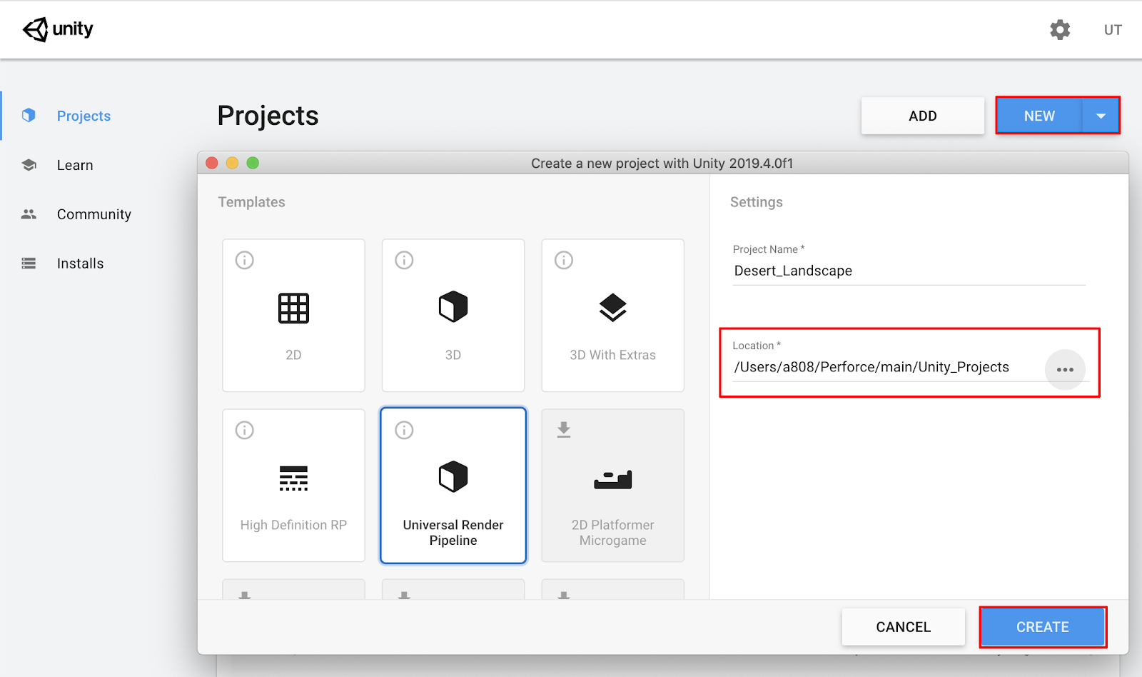 Creating a new Unity project